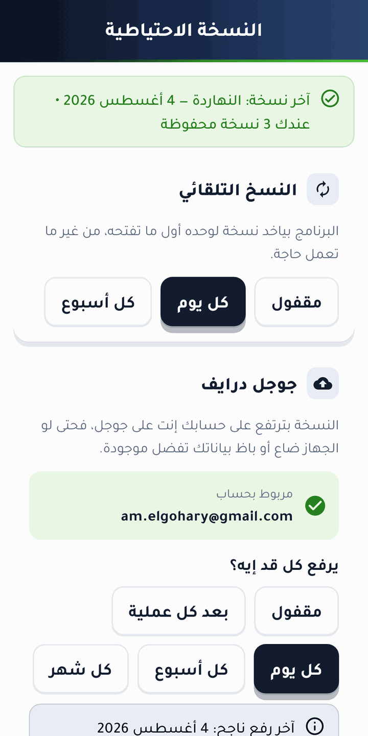 نسخة احتياطية بتتاخد لوحدها على جهازك، ونسخة بترتفع على جوجل درايف بتاعك لو ربطته.