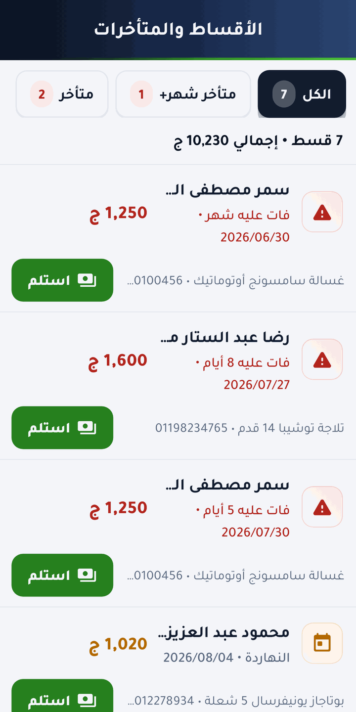 الأقساط والمتأخرات بفلاتر: متأخر شهر+، متأخر، النهاردة — تعرف تبدأ بمين.